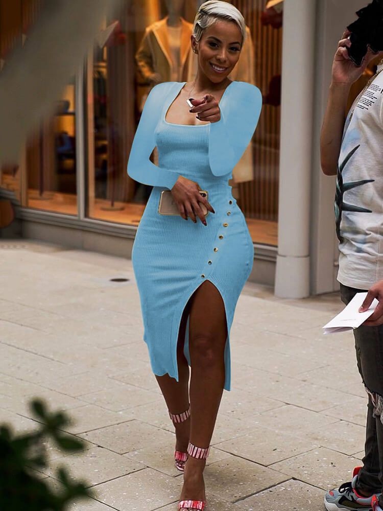 Ribbed Long Sleeve Button High Split Midi Dress