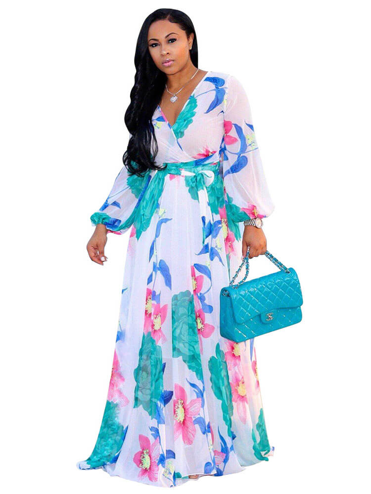 Chiffon Floral Printed V Neck Wrap Boho Maxi Dresses