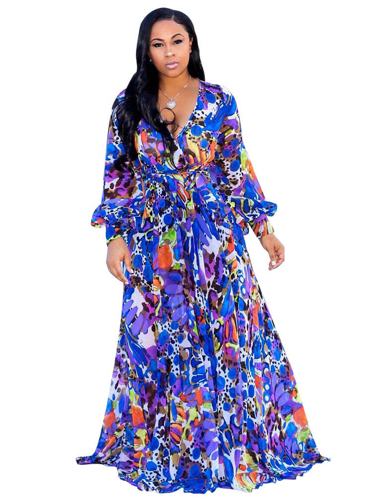 Chiffon Floral Printed V Neck Wrap Boho Maxi Dresses