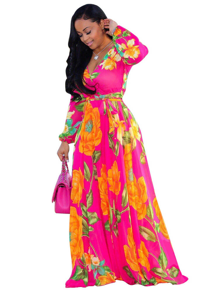 Chiffon Floral Printed V Neck Wrap Boho Maxi Dresses