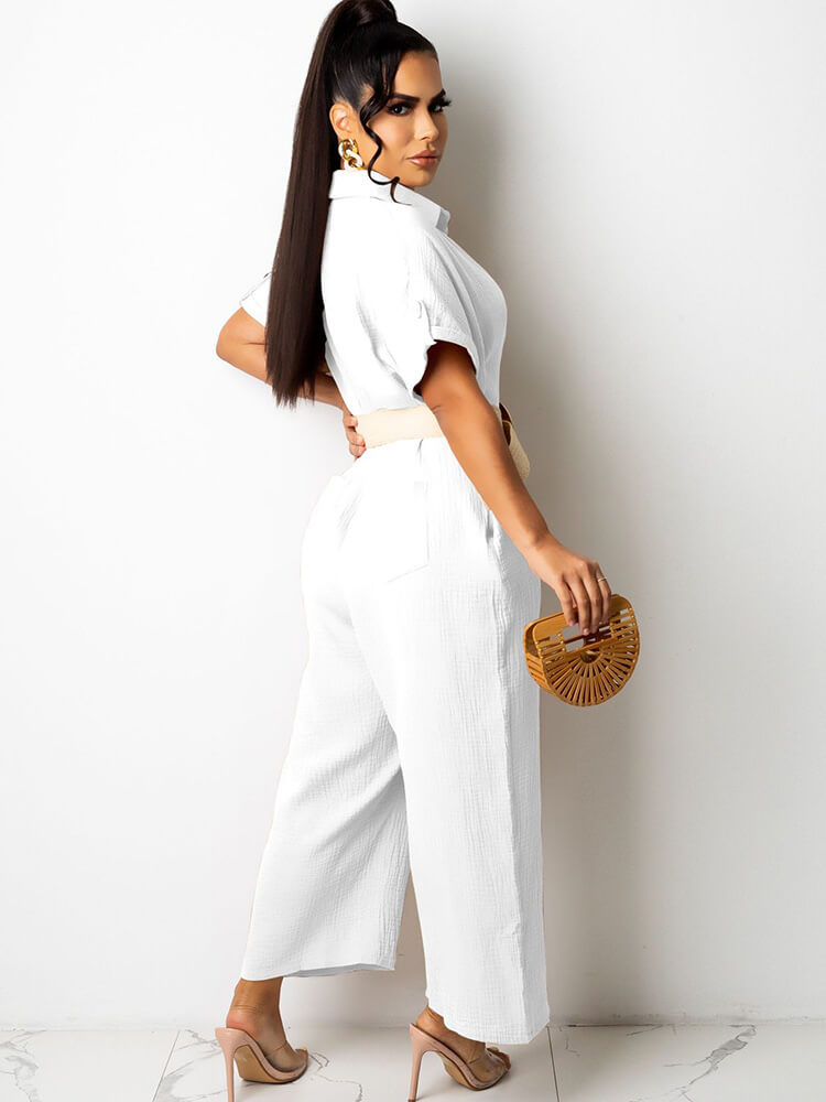 Short Sleeves Button Down Jumpsuits with Pockets