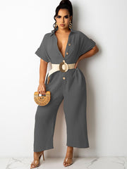 Short Sleeves Button Down Jumpsuits with Pockets