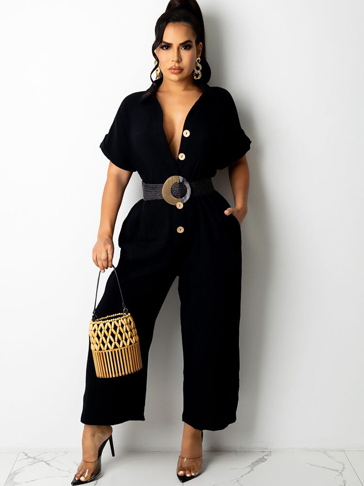 Short Sleeves Button Down Jumpsuits with Pockets