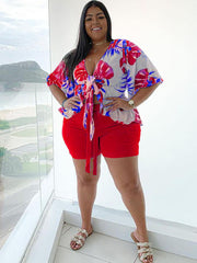 Plus Size Lace Up Ruffle Sleeve Floral Shorts Set