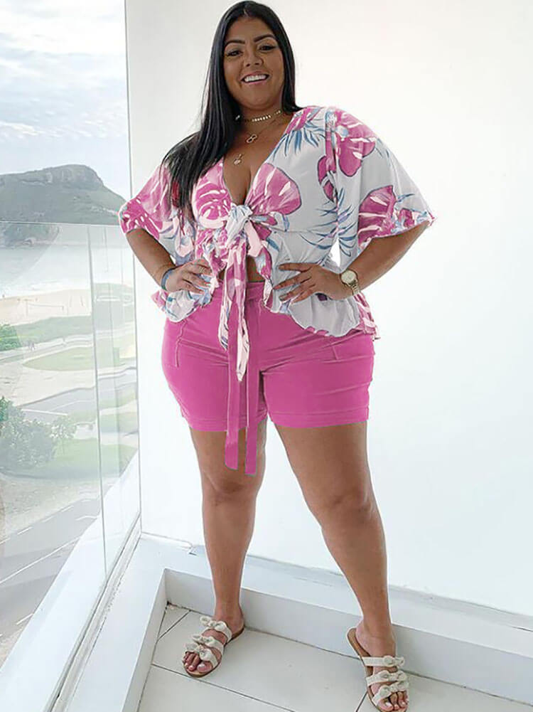 Plus Size Lace Up Ruffle Sleeve Floral Shorts Set