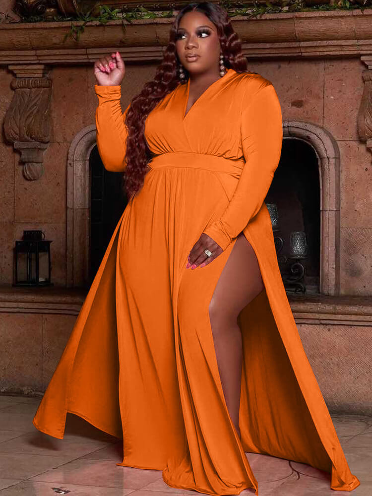 Plus Size Solid Color Long Sleeve High Split Maxi Dresses