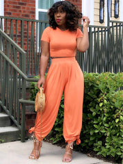 Two Pieces Solid Color Crop Top & Wide Leg Pants