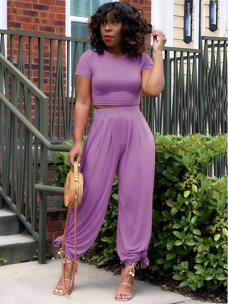 Two Pieces Solid Color Crop Top & Wide Leg Pants