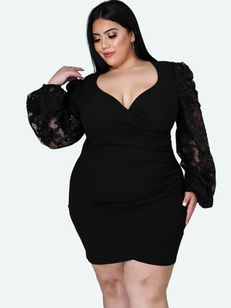 Plus Size Lace Long Sleeve Wrap Hip Mini Dresses