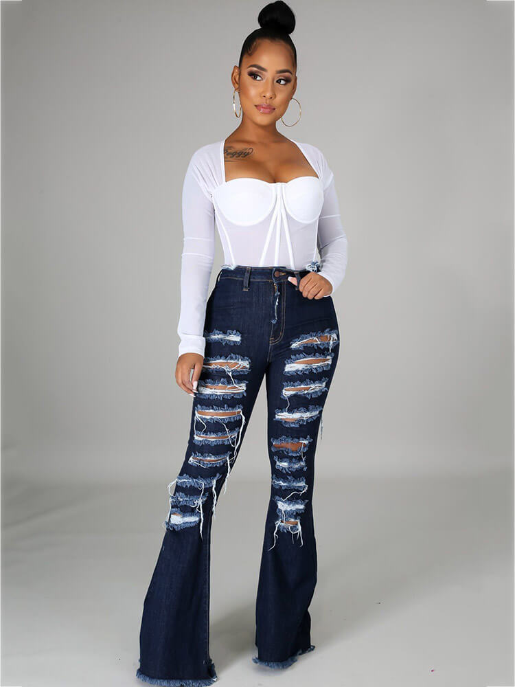 Classic Hole Distressed Flare Bell Bottom Denim Jeans