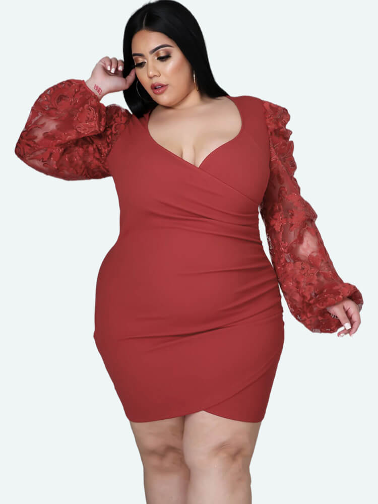 Plus Size Lace Long Sleeve Wrap Hip Mini Dresses