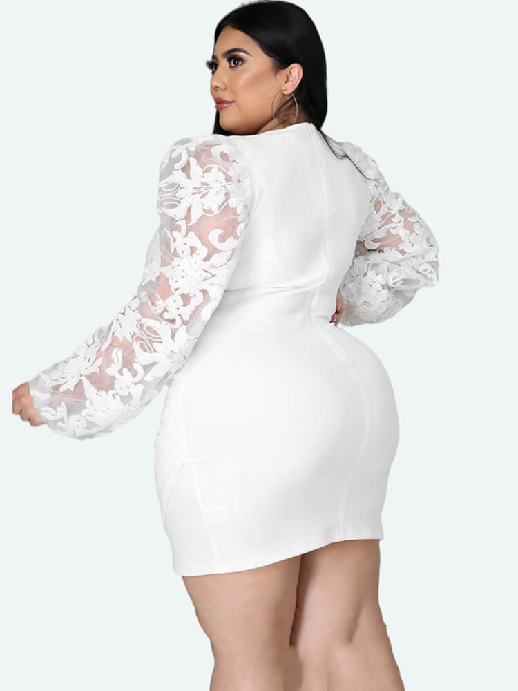 Plus Size Lace Long Sleeve Wrap Hip Mini Dresses