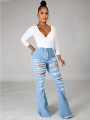 Classic Hole Distressed Flare Bell Bottom Denim Jeans