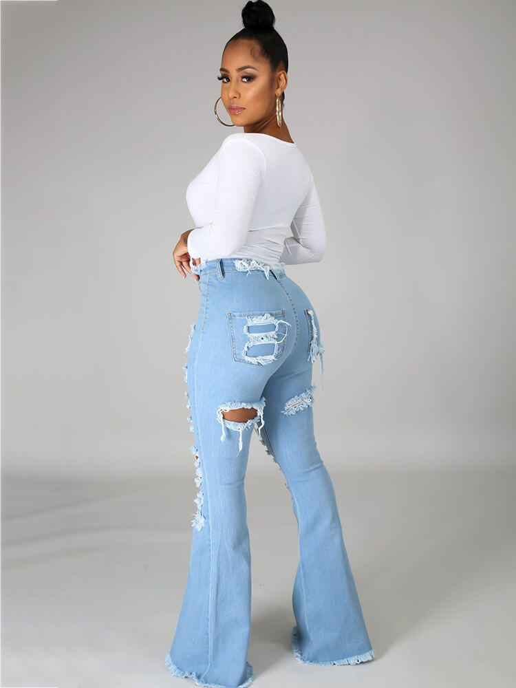 Classic Hole Distressed Flare Bell Bottom Denim Jeans