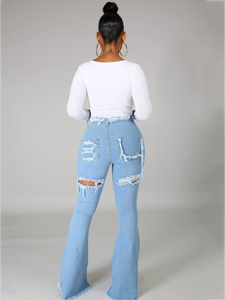 Classic Hole Distressed Flare Bell Bottom Denim Jeans