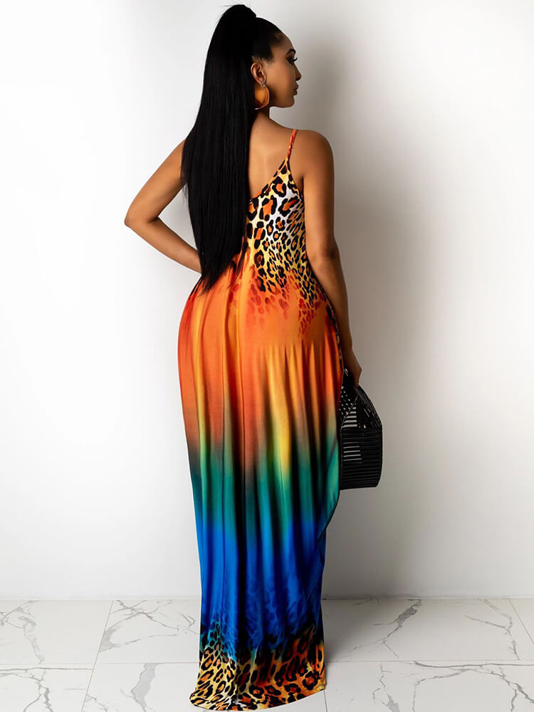 Spaghetti Strap Boho Gradient Leoaprd Print Sundress