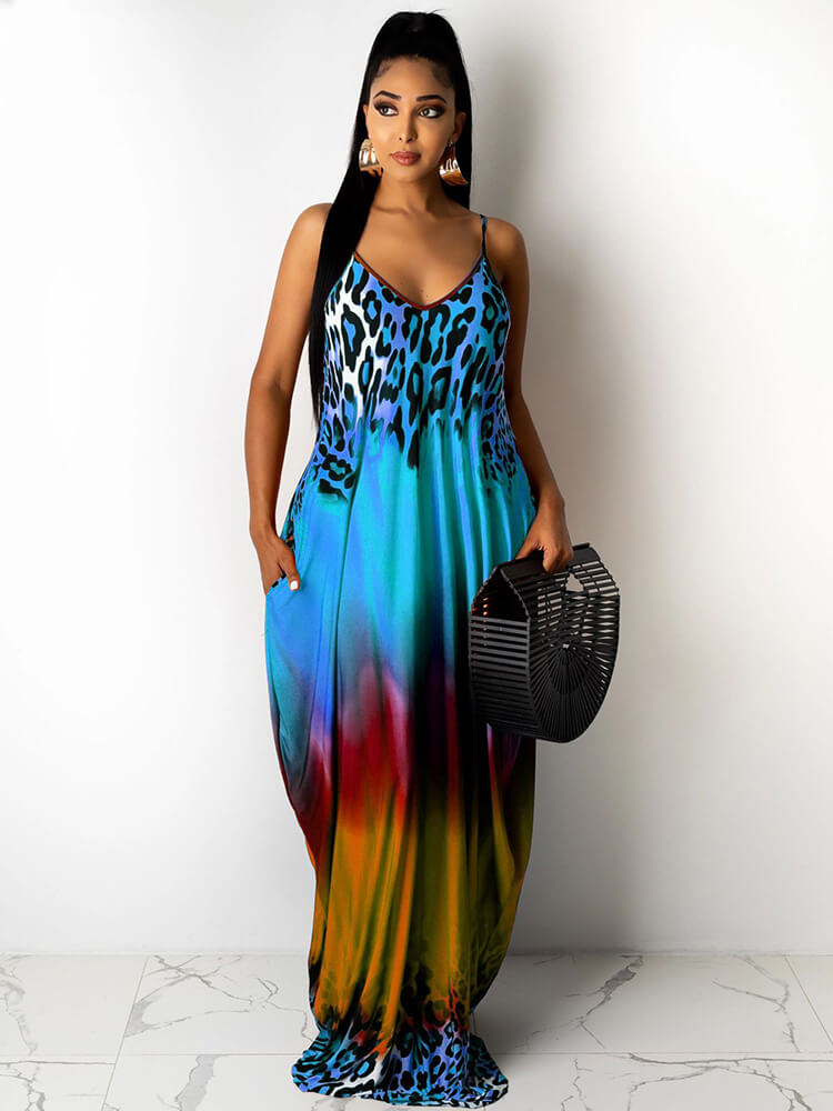 Spaghetti Strap Boho Gradient Leoaprd Print Sundress