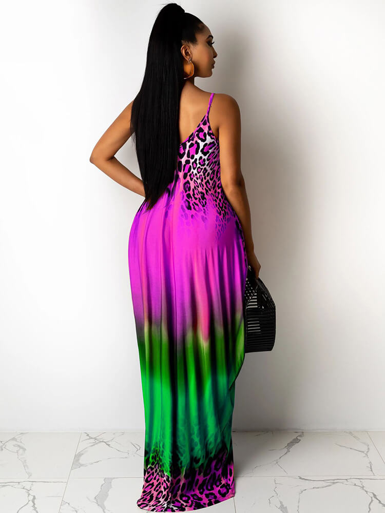 Spaghetti Strap Boho Gradient Leoaprd Print Sundress