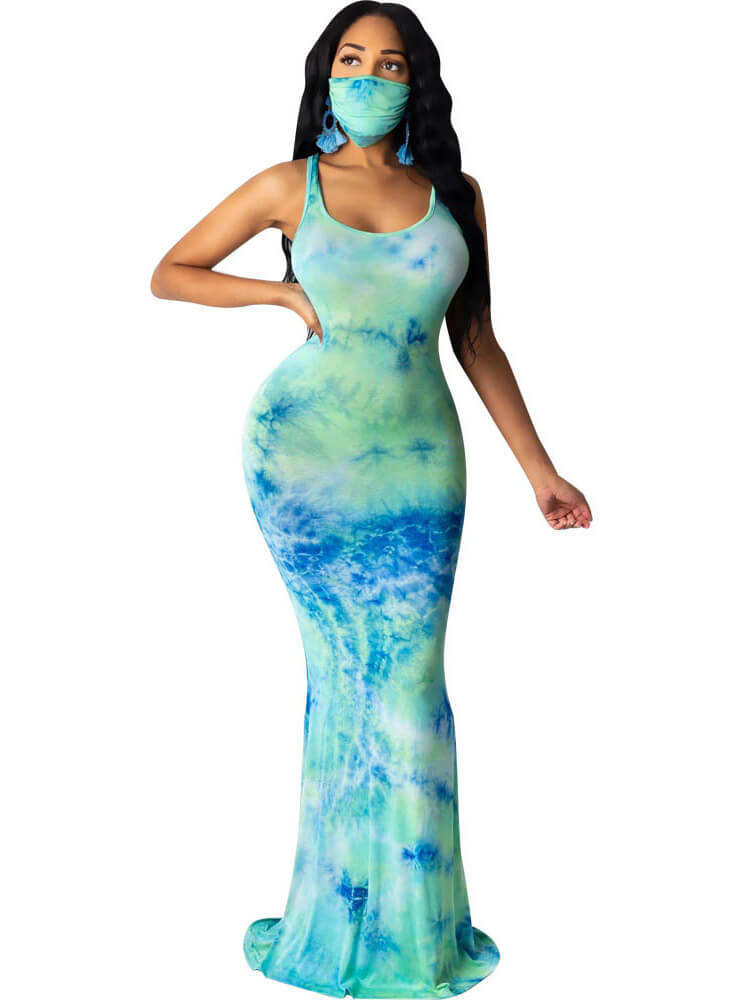 Tie Dye Leopard Print Square Neck Sleeveless Maxi Dress