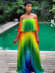 Off Shoulder Colorful Ombre Pleated Maxi Dresses