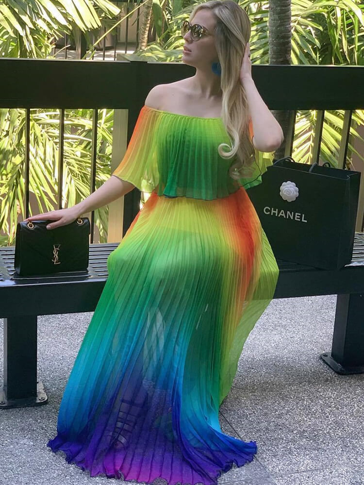 Off Shoulder Colorful Ombre Pleated Maxi Dresses