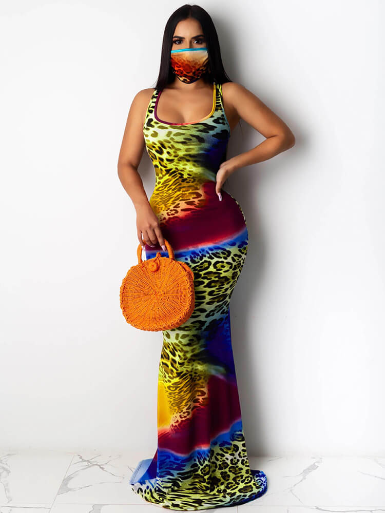 Tie Dye Leopard Print Square Neck Sleeveless Maxi Dress