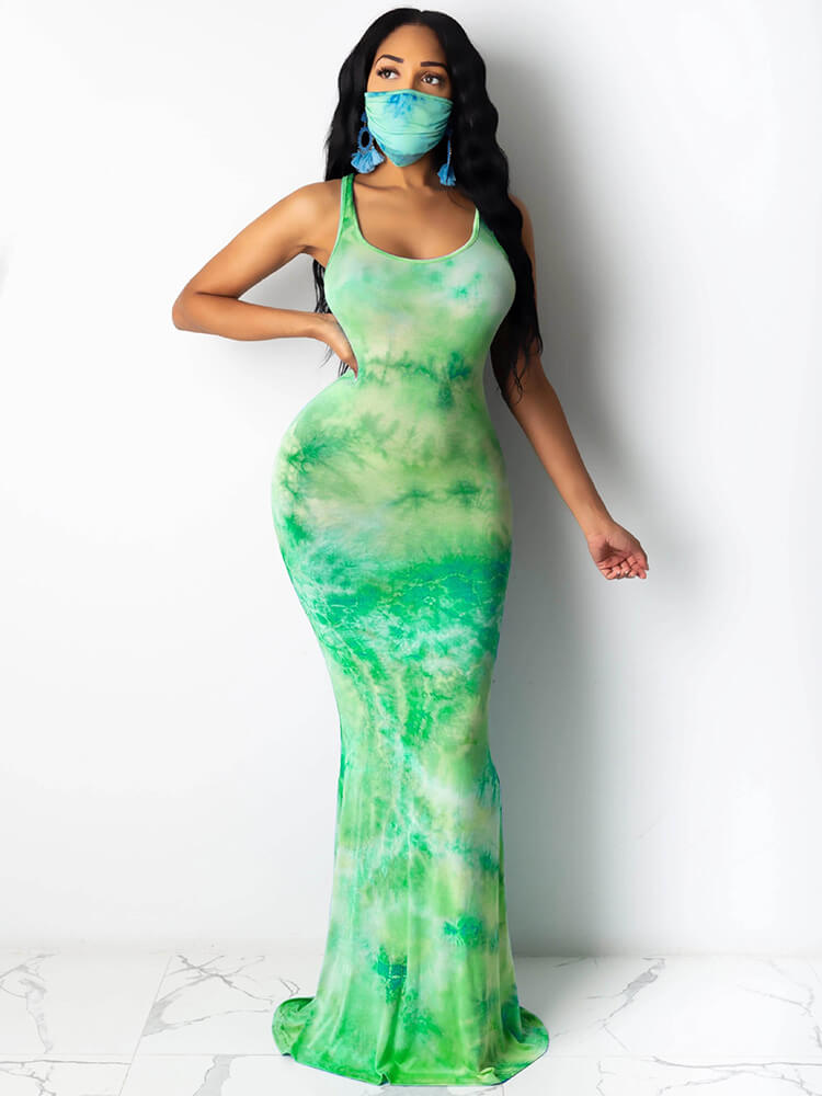 Tie Dye Leopard Print Square Neck Sleeveless Maxi Dress