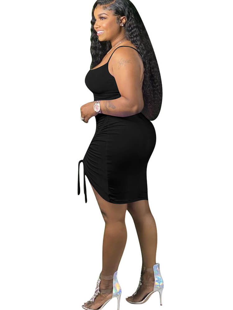 Plus Size Ruched Drawstring Spaghetti Strap Midi Dress