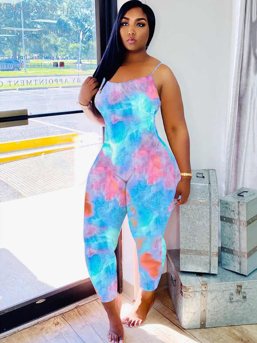 Spaghetti Strap Tie Dye Bodycon Jumpsuits