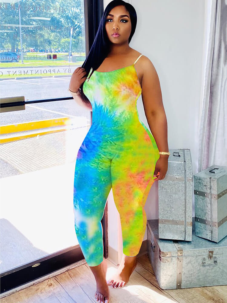 Spaghetti Strap Tie Dye Bodycon Jumpsuits