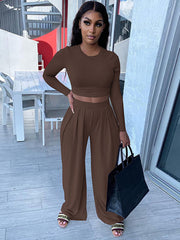 Two Piece Long Sleeve Crop Top Wide Leg Pant Sets