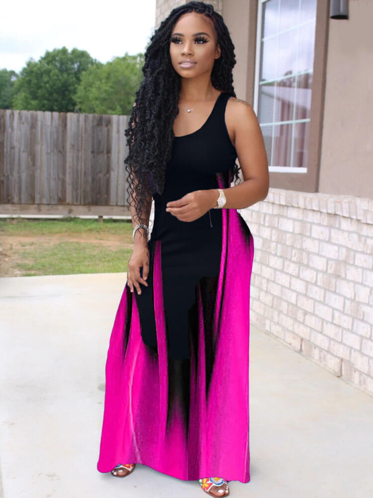 Sleeveless Color Block Scoop Neck Maxi Dresses