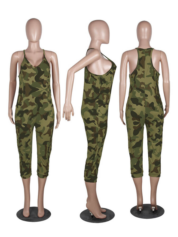 Spaghetti Strap Camouflage Loose Harem Jumpsuits Rompers