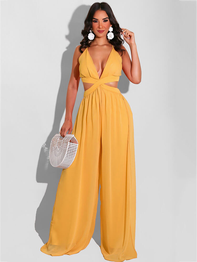 Spaghetti Strap Chiffon Backless Wide Leg Jumpsuits