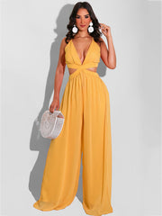 Spaghetti Strap Chiffon Backless Wide Leg Jumpsuits