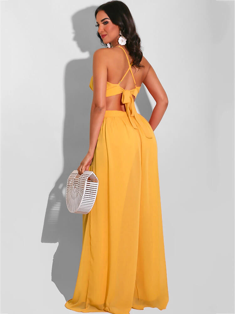 Spaghetti Strap Chiffon Backless Wide Leg Jumpsuits