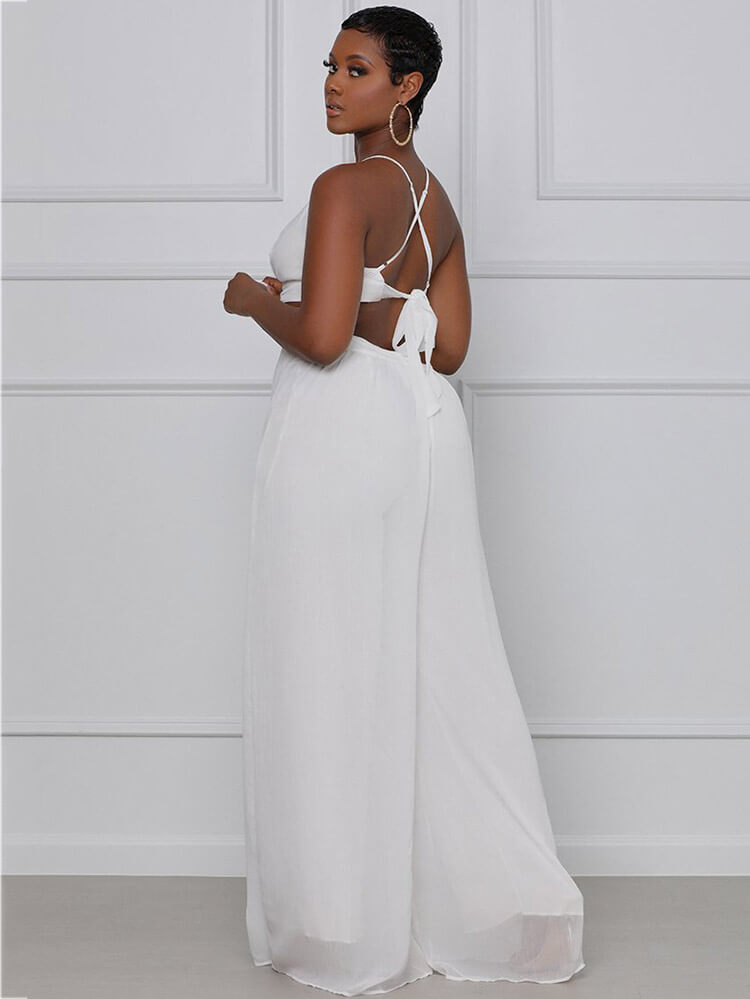 Spaghetti Strap Chiffon Backless Wide Leg Jumpsuits