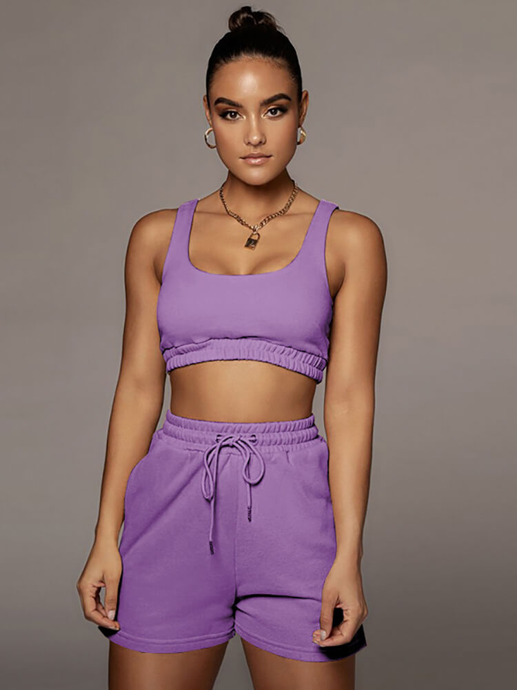 Two Pieces Solid Color Tank Top & Drawstring Shorts Sets