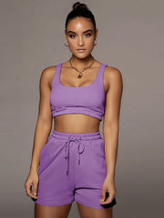 Two Pieces Solid Color Tank Top & Drawstring Shorts Sets