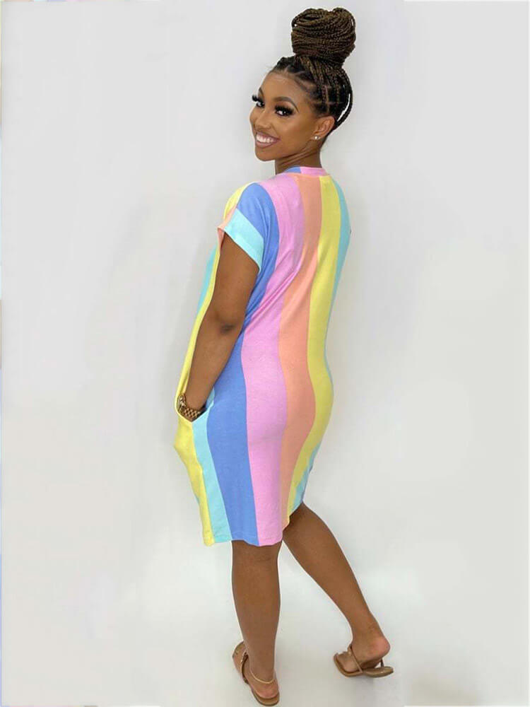 Short Sleeve Multicolor Rainbow Stripe Bodycon Dresses