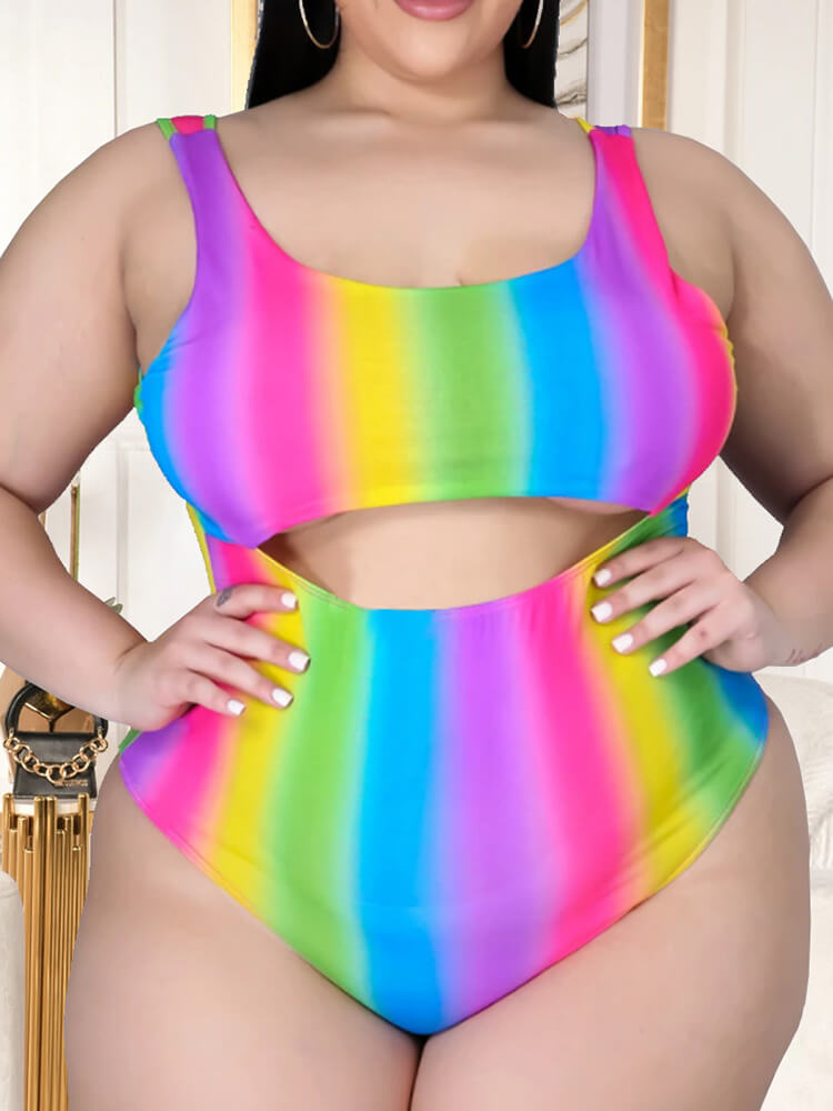 Plus Size Two Piece Rainbow Top + Skirt Suit Beach Swimsuits