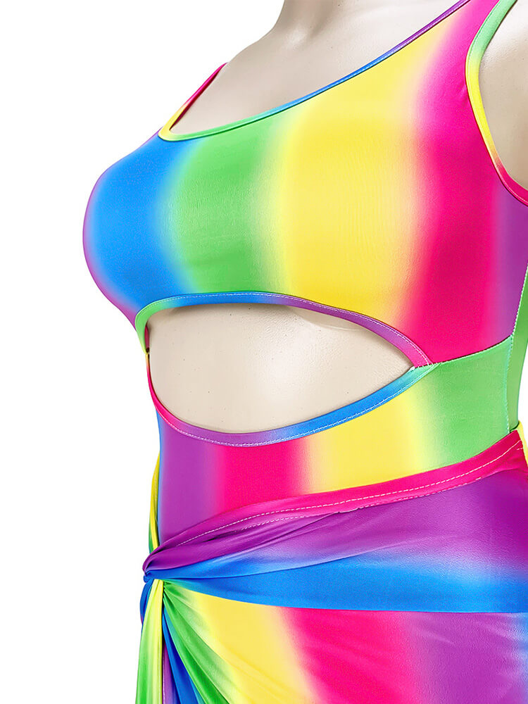 Plus Size Two Piece Rainbow Top + Skirt Suit Beach Swimsuits