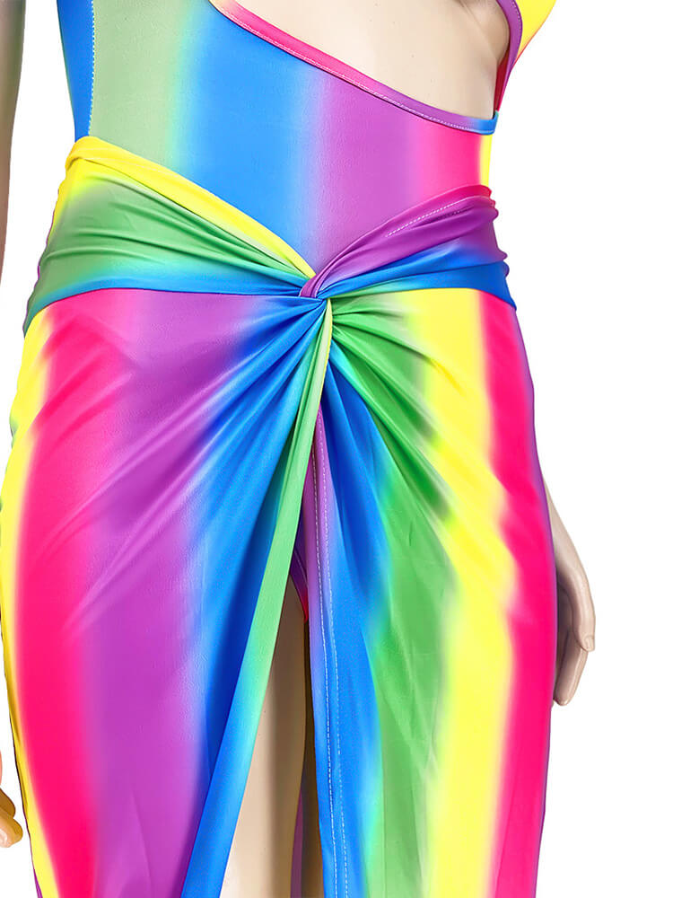 Plus Size Two Piece Rainbow Top + Skirt Suit Beach Swimsuits