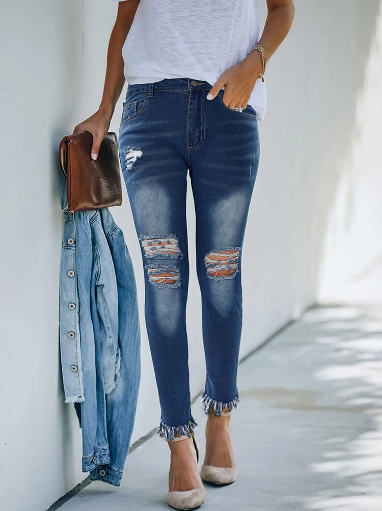 Denim Button Slim Fit Ripped Denim Jeans