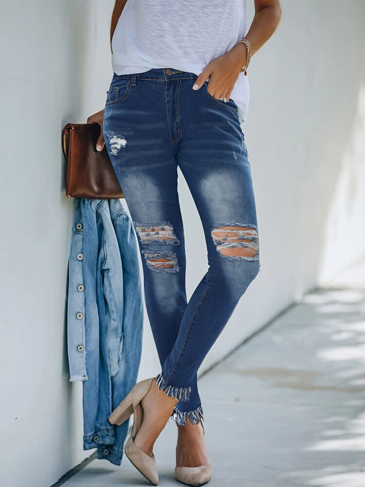 Denim Button Slim Fit Ripped Denim Jeans