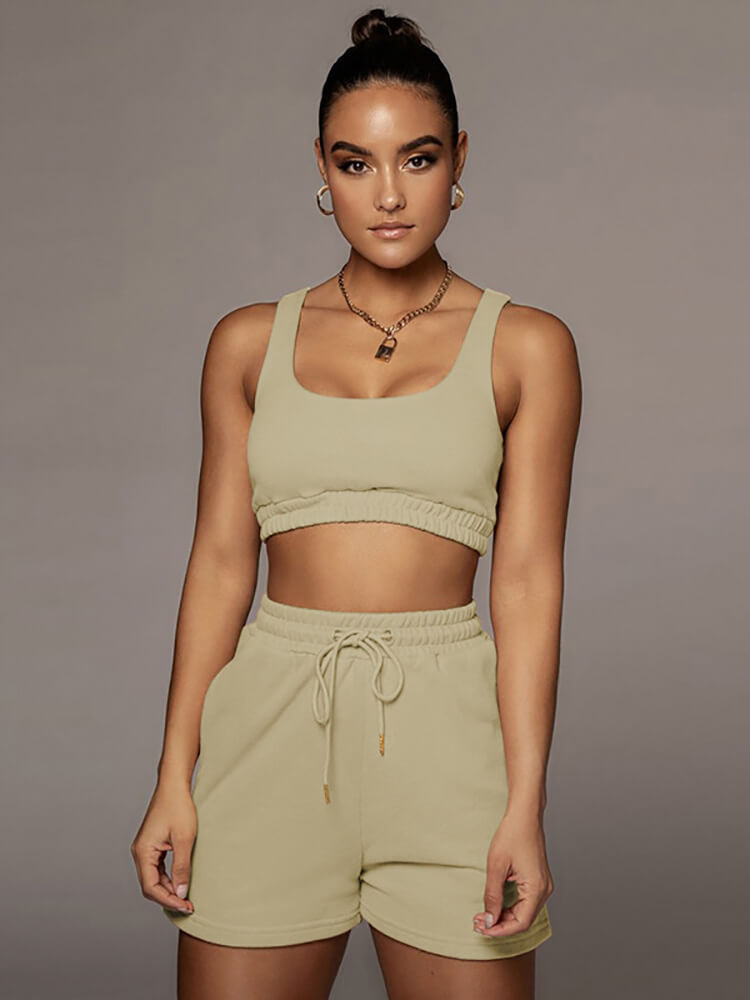 Two Pieces Solid Color Tank Top & Drawstring Shorts Sets