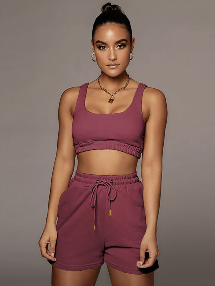 Two Pieces Solid Color Tank Top & Drawstring Shorts Sets