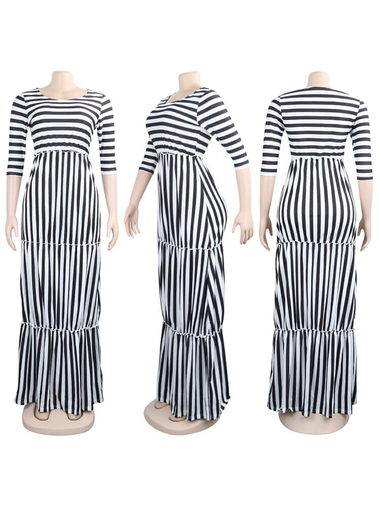 Casual Striped Ruffle Hem Maxi Dresses