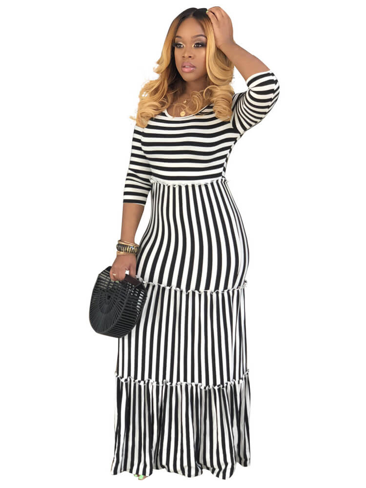 Casual Striped Ruffle Hem Maxi Dresses