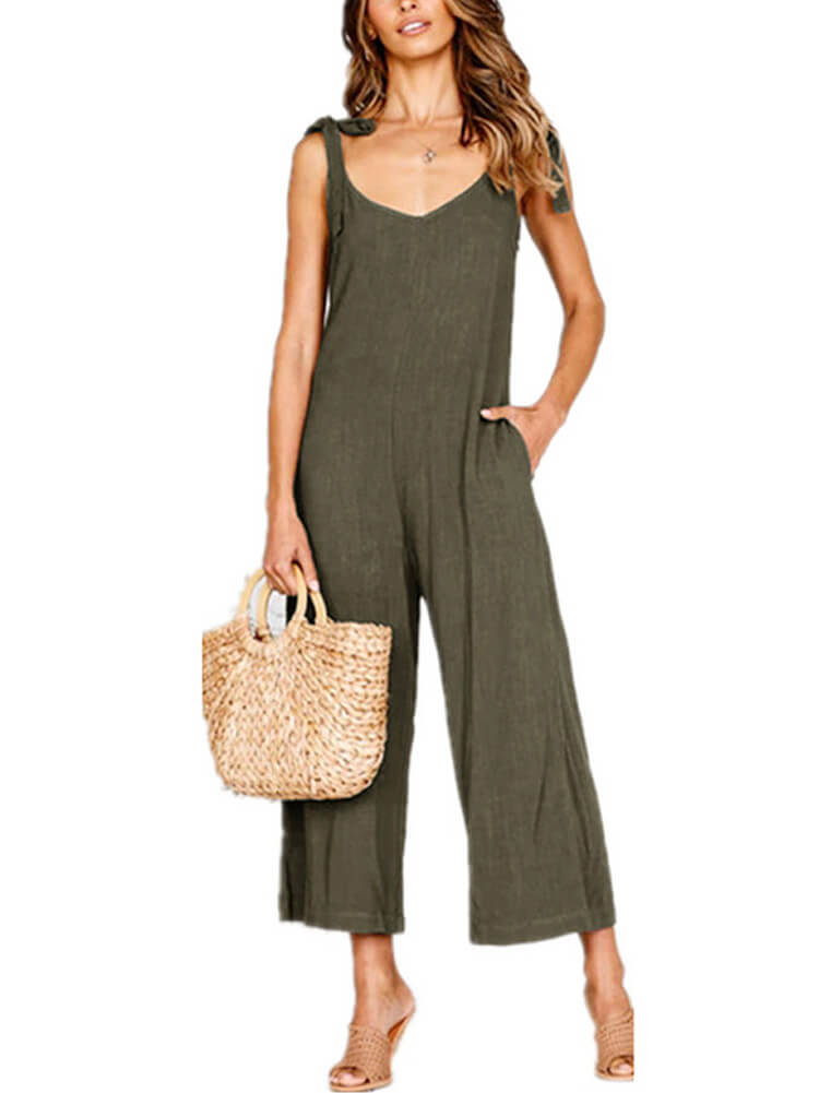 Solid Color Casual Loose Bow Strap Sleeveless Jumpsuit